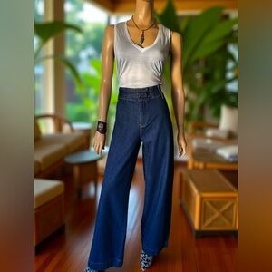 WE THE FREE WIDE LEG HIGH WAISTED  DARK BLUE BUCKLE FRONT JEANS Sz 28